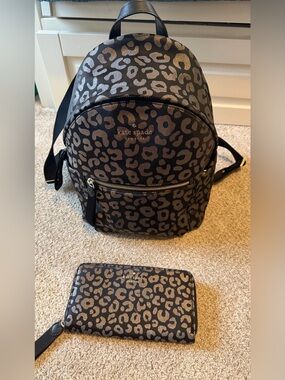 Kate Spade Black Backpack and Wallet with Metallic Leopard Print